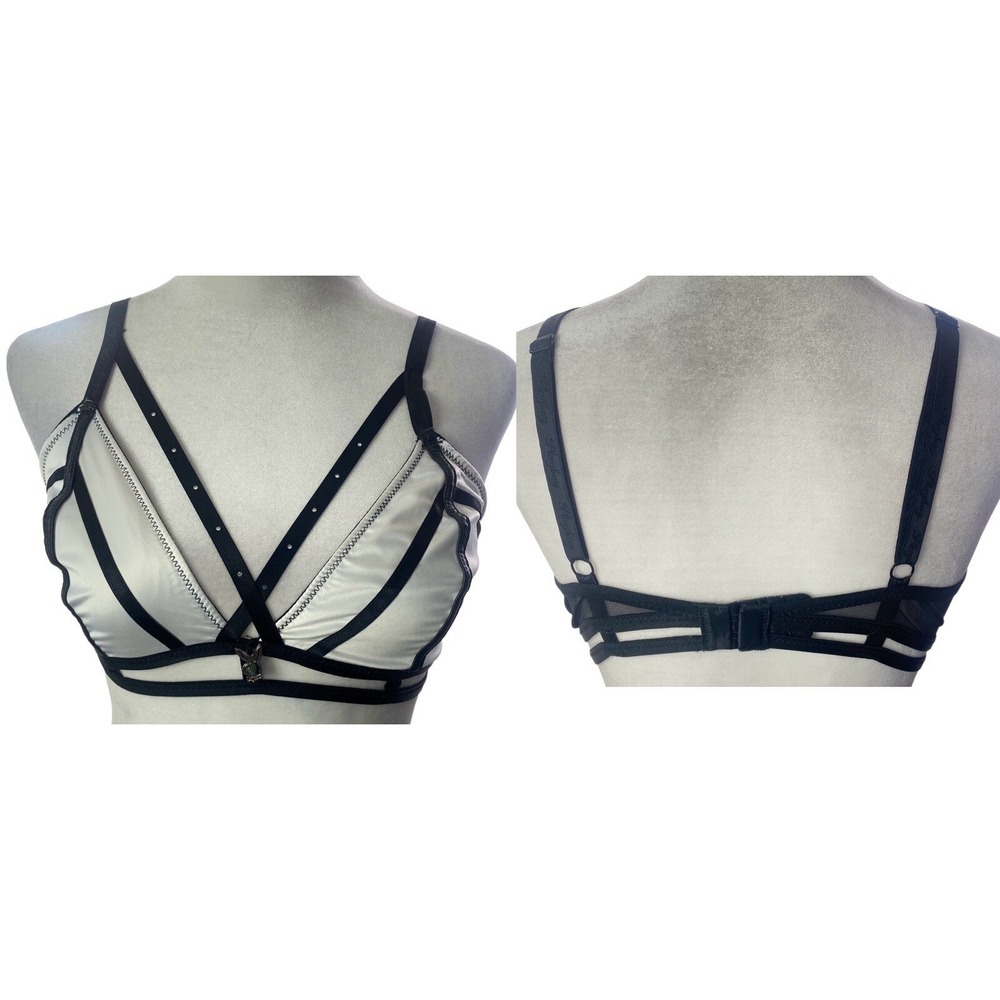 PLAYBOY Women Triangle Bra Harness Look Sz 8 White Goth No‎ padding HB-2